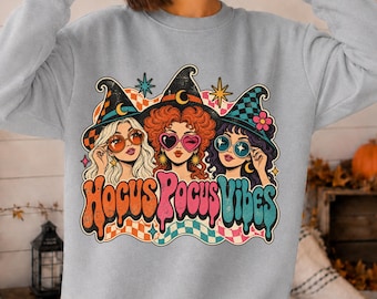 Retro Halloween Sweatshirt, Cute Witchy Vibes Shirt, Spooky Season Graphic T-shirt, Three Witch Sisters Sweater, Funny Girls Trip Crewneck
