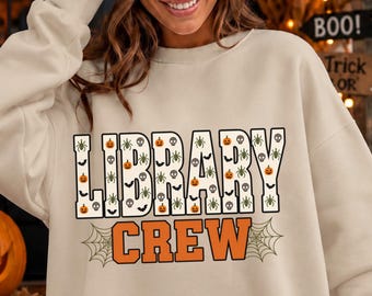 Library Crew Halloween Sweatshirt, Cute Librarian Halloween Shirt, Gift for Book Lover, Spooky Reading Teacher Crewneck, Bookish Fall Gift