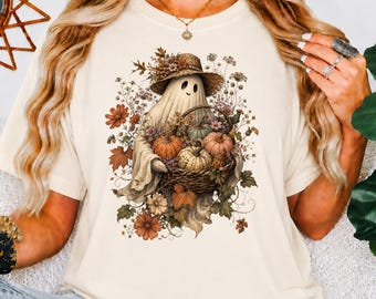 Harvest Ghost Shirt, Cute Ghost Floral Halloween Tee, Spooky Pumpkin Gardener Shirt, Botanical Comfort Colors Fall Gift