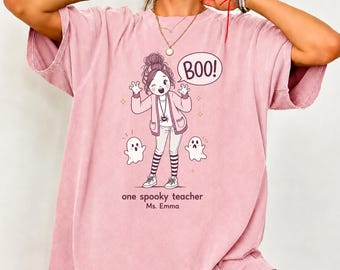 Personalized Spooky Teacher Shirt, Pink Halloween Teacher Tee, One Spooky Teacher Shirt, Cute Ghost Classroom Tee, Comfort Colors Gift