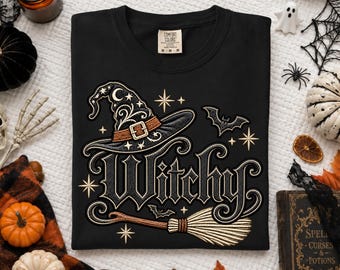 Witchy Faux Embroidery Shirt, Witch Hat Bat Broom Halloween Tee, Gothic Witch Comfort Colors 1717 Gift