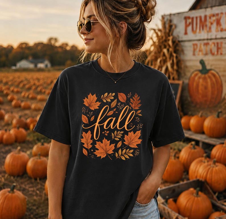 May include: A black short-sleeved t-shirt featuring a central graphic of orange and brown autumn leaves surrounding the word fall written in a cursive script. The shirt has a crew neckline and a relaxed fit, showcasing a seasonal design.