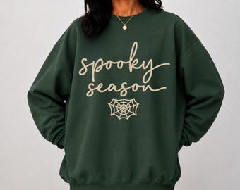Spooky Season Spider Web Sweatshirt, Minimal Halloween Script Crewneck, Gildan 18000 Fall Gift