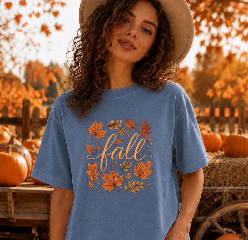 May include: A blue short-sleeved t-shirt featuring a central graphic of the word fall in a cursive script, surrounded by an arrangement of orange, yellow, and brown autumn leaves. The design is printed on the front of the cotton crewneck shirt.