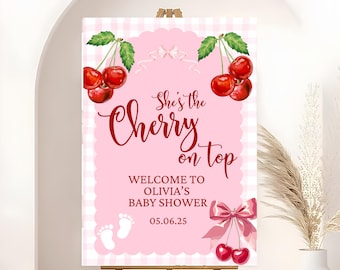 Cherry Baby Shower Welcome Sign, Pink Gingham, Printed Shipped Foam Board Poster
