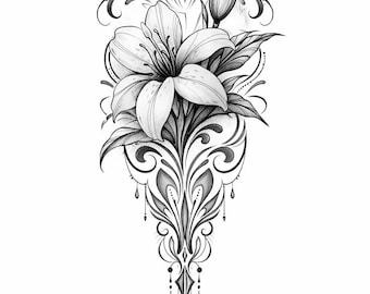 Lily Flower Tattoo Design SVG | Floral Mandala Line Art | Botanical Tattoo PNG | Cricut Cut File | Laser Engraving | Digital Download