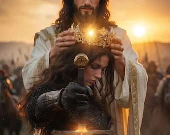 Jezus bekroning vrouwelijke krijger koningin digitale kunst, christelijke fantasy kunst aan de muur, poster heilige kroonceremonie, hemelse ridder PDigital download