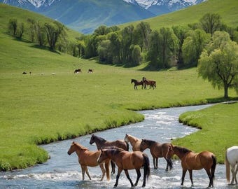 Wild Horses Mountain Landscape Printable Wall Art | River Nature Poster | Snowy Peaks Meadow Print | Rustic Cabin Decor | Digital Download