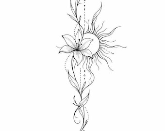 Sun and Flower Tattoo Design SVG | Minimalist Botanical Line Art | Celestial Floral Tattoo | Fine Line Tattoo PNG | Instant Download Digital