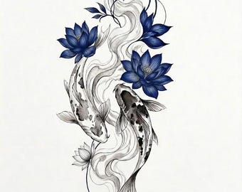 Blue Lotus Koi Fish Wall Art Printable | Japanese Koi Tattoo Design | Floral Zen Poster | Digital Download | Asian Inspired Artwork