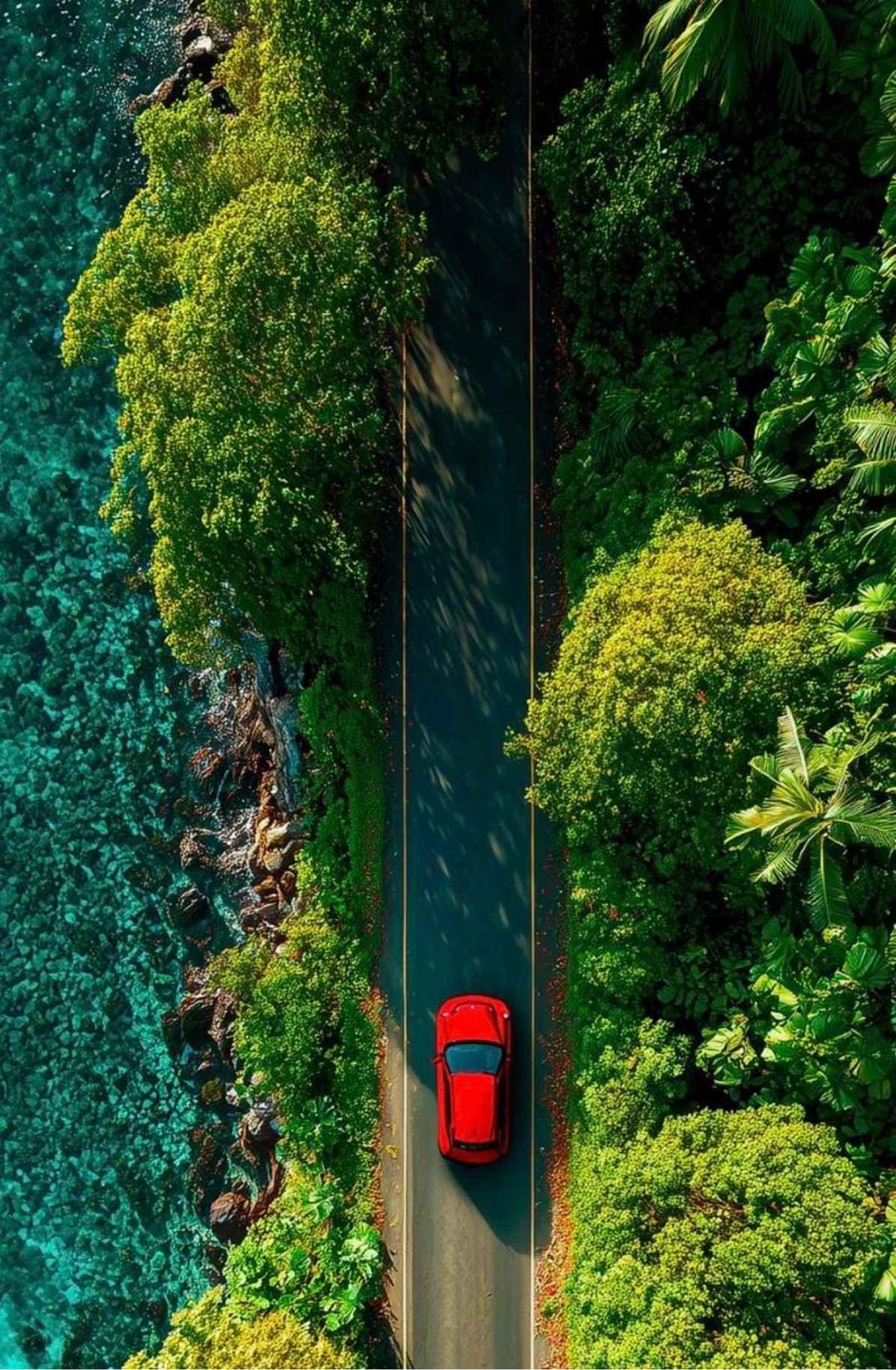 Red Car Coastal Road Art Print, Tropical Jungle Ocean View (digital ...