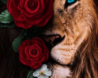 Lion with Red Roses Printable Wall Art, Floral Lion Portrait, Luxury Animal Print, Black Aesthetic Wall Decor, Modern WildDownload, Digital
