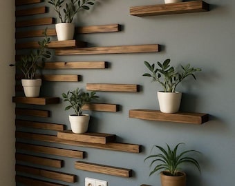 Modern Wooden Floating Shelves | Minimalist Plant Wall Art (Digital Download)