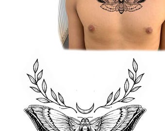 Dödsmal brösttatueringsdesign | Lunamal tatueringskonst | Gotisk insektstatuering | Måne- och botanisk tatueringsstencil | PNG SVG PDF digital nedladdning
