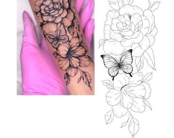 Floral Butterfly Tattoo Design Digital Download | Peony Flower Tattoo PNG | Botanical Tattoo Stencil | Printable Tattoo Artwork | Instant Do