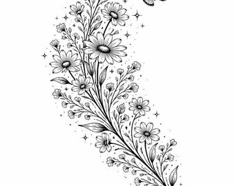 Wildflower Bouquet Line Art Print, Daisy and Butterfly Illustration, Botanical Wall Art, Minimalist Floral Drawing, Printab Digital Download