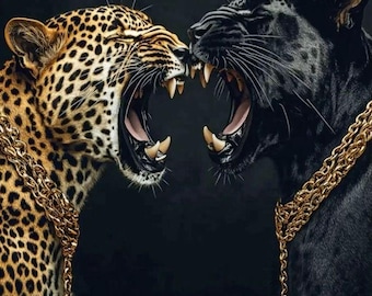 Black Panther & Leopard Wall Art Printable, Luxury Animal Poster, Gold Chain Big Cat Print, Modern Dark Wall Decor, Digital Download, Printa