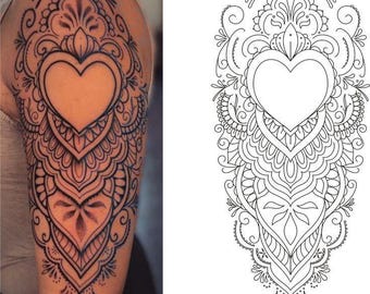 Mandala Heart Tattoo Design | Ornamental Heart Tattoo Art | Boho Lace Tattoo Stencil | Symmetrical Floral Tattoo | PNG SVG PDigital Download