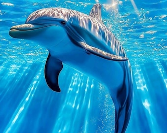 Dolphin Ocean Wall Art Printable | Blue Sea Animal Poster | Coastal Nursery Decor | Dolphin Digital Download | Underwater Ocean Print