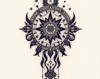 Celestial Compass Tattoo SVG | Mystic Compass Rose Design | Moon & Stars Gothic Ornament | Cricut Cut File | Laser Eng | Digital Download