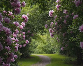 Roze bloem bospad kunst aan de muur, natuurlandschap, afdrukbare Cottagecore (digitale download)