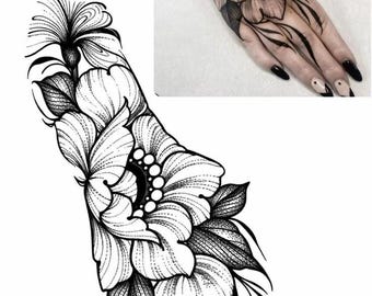 Floral Hand Tattoo SVG | Hibiscus Flower Tattoo Design | Botanical Sleeve Tattoo | Fine Line Floral SVG | Cricut Cut File |Digital Download