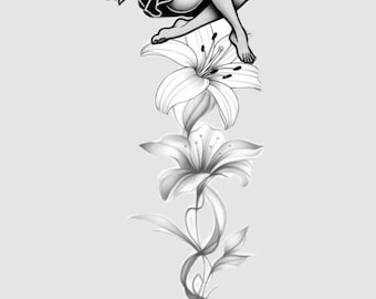 Fairy Lily Tattoo Design PNG | Black and Grey Fairy Art | Floral Tattoo Illustration | Fantasy Fairy Clipart | Digital Download