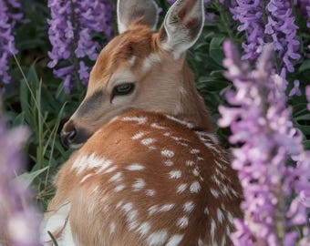 Baby Deer Printable Wall Art | Fawn in Purple Wildflowers | Woodland Nursery Decor | Nature Animal Print | Digital Download
