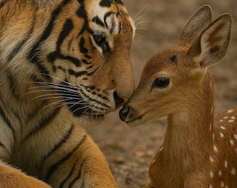 Tiger & Baby Deer Printable Wall Art, Wildlife Nursery Decor, Forest Animal Print, Nature Wall Art, Woodland Nursery PosterDownload, Digital