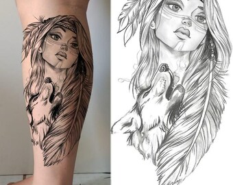 Indiansk kvinna, vargtatueringsdesign | Tribal flicka, fjädertatuering | Boho vargkonst | Tatueringsschablon utskrivbar | PNG SV | Digital nedladdning