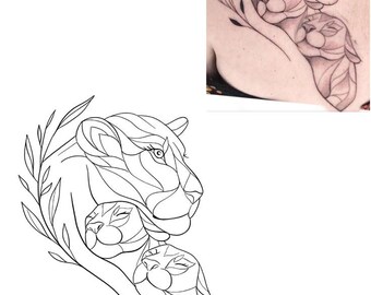 Lion Family Tattoo SVG | Geometric Lioness and Cubs Line Art | Minimalist Animal Tattoo Design | Digital Downloa