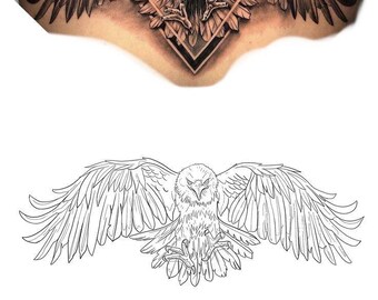 Eagle Tattoo Design SVG | Flying Eagle Back Piece Tattoo | Printable Tattoo Stencil | Eagle Wings Line Art | Digital Download PNG SV