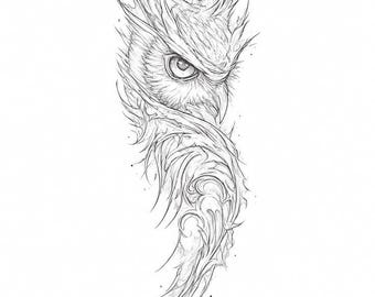 Owl Tattoo Design Digital Download | Intricate Owl Line Art | Printable Tattoo Stencil | Mystical Owl Sketch | Black and White Artwork PN