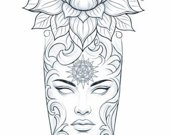 Mystical Lotus Third Eye Tattoo Design | Goddess Face & Lion Sleeve Tattoo | Sacred Geometry Spiritual Artwork | Fine Line Digital Download