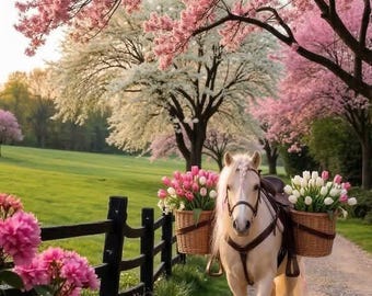 Spring Blossom Horse Wall Art Printable | Pink Cherry Blossom Landscape | Cottagecore Floral Decor | Digital Download | Nature Poster | P