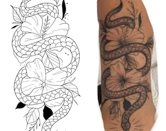Orm- och hibiskustatueringsdesign | Blommig ormtatueringskonst | Botanisk ormillustration | Utskrivbar tatueringsstencil | P | Digital nedladdning