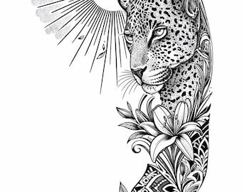 Leopard Floral SVG | Boho Wild Cat Tattoo Design | Botanical Jungle Line Art | Cricut Cut File | Laser Engraving Vector | Digital Download