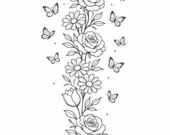 Floral Butterfly Coloring Page Printable | Rose Daisy Tulip Line Art | Adult & Kids Coloring Sheet | Digital Download PDF PNG