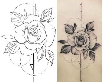 Geometrisk rostatueringsdesign | Blommig linjekonst SVG PNG PDF | Minimalistisk roskonturtatuering | Botanisk digital nedladdning | Utskrivbar väggdekoration