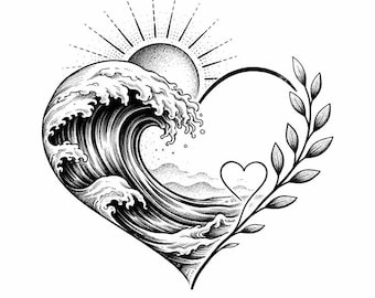 Ocean Wave Heart Tattoo Design | Minimalist Boho Sea Love Art (Digital Download)