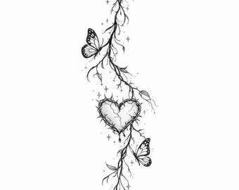 Gothic Heart Tattoo Design PNG | Spider Moon Butterfly Tattoo | Dark Botanical Digital Download | Fine Line Tattoo Art | Printable Gothi