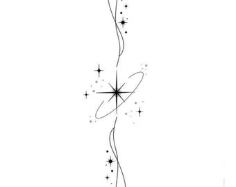 Minimalist Cosmic Tattoo Design PNG, Celestial Star Tattoo, Fine Line Galaxy Tattoo, Vertical Sparkle Tattoo, Elegant Black Digital Download