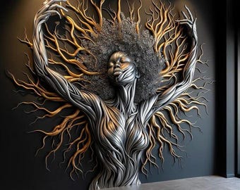 African Woman Wall Art, Black Gold Abstract Portrait, Modern Luxury Decor (Digital Download)