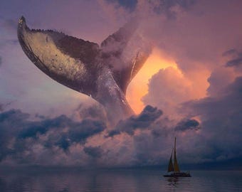 Whale Tail Wall Art Printable, Ocean Sunset Digital Download, Fantasy Whale Print, Coastal Wall Decor, Nautical Artwork, Instant Download