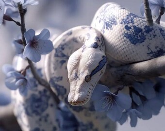 Blue and White Snake Art Print, Floral Serpent Wall Decor, Porcelain Inspired Snake Poster, Cherry Blossom Artwork, Digital Download