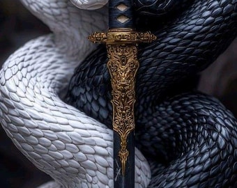 Yin Yang Snake Wall Art Printable | Black & White Serpent with Samurai Sword | Gothic Fantasy Digital Download | Dark Aesthetic PostDownload