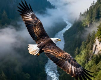 Majestic Bald Eagle Flying Over Misty River Valley Printable Wall Art | Nature Landscape Poster | Wildlife Photography PrintDigital Download