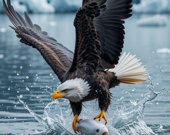 Bald Eagle Hunting Wall Art Printable, Eagle Catching Fish Poster, Wildlife Nature Print, Alaska Bird Artwork, Digital Download Decor