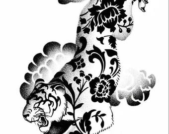 Floral Tiger SVG | Tiger Tattoo Design | Black and White Animal Clipart | Botanical Wild Cat PNG File | Laser Engraving | Digital Download