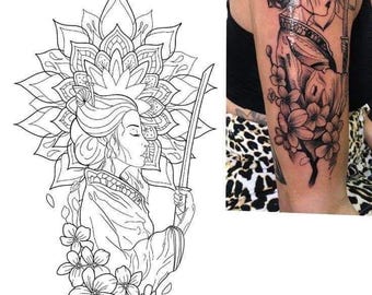 Japansk geishatatueringsdesign | Samurajkvinna-tatueringskonst | Blommandala-tatuering | Orientalisk tatueringsstencil | PNG SVG PDF | Digital nedladdning